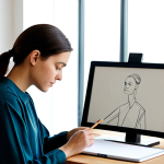 A professional female artist, in her early 30s, wearing modest, stylish studio attire including a practical smock over a long-sleeved shirt and trousers, sitting at a clean, modern wooden desk. She is thoughtfully curating her digital art portfolio on a sleek tablet, with art tools like brushes and a sketchbook neatly arranged nearby. Her expression is focused and dedicated. The setting is a bright, minimalist art studio with large windows providing soft natural light. In the background, a single compelling abstract artwork by her is subtly displayed on the wall. Perfect anatomy, correct proportions, natural pose, well-formed hands, proper finger count, natural body proportions, fully clothed, modest clothing, appropriate attire, professional dress, professional photography, high resolution, soft diffused lighting, safe for work, appropriate content, family-friendly.