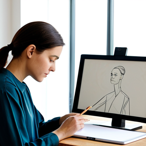 Home 18 A professional female artist, in her early 30s, wearing modest, stylish studio attire including a practical smock over a long-sleeved shirt and trousers, sitting at a clean, modern wooden desk. She is thoughtfully curating her digital art portfolio on a sleek tablet, with art tools like brushes and a sketchbook neatly arranged nearby. Her expression is focused and dedicated. The setting is a bright, minimalist art studio with large windows providing soft natural light. In the background, a single compelling abstract artwork by her is subtly displayed on the wall. Perfect anatomy, correct proportions, natural pose, well-formed hands, proper finger count, natural body proportions, fully clothed, modest clothing, appropriate attire, professional dress, professional photography, high resolution, soft diffused lighting, safe for work, appropriate content, family-friendly.