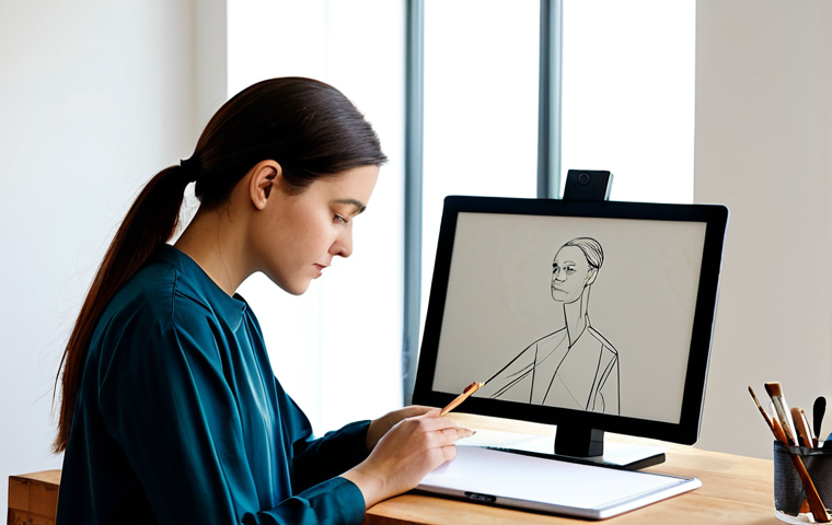 A professional female artist, in her early 30s, wearing modest, stylish studio attire including a practical smock over a long-sleeved shirt and trousers, sitting at a clean, modern wooden desk. She is thoughtfully curating her digital art portfolio on a sleek tablet, with art tools like brushes and a sketchbook neatly arranged nearby. Her expression is focused and dedicated. The setting is a bright, minimalist art studio with large windows providing soft natural light. In the background, a single compelling abstract artwork by her is subtly displayed on the wall. Perfect anatomy, correct proportions, natural pose, well-formed hands, proper finger count, natural body proportions, fully clothed, modest clothing, appropriate attire, professional dress, professional photography, high resolution, soft diffused lighting, safe for work, appropriate content, family-friendly.