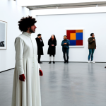 Avant-Garde Performance Art in Madrid**

"A performance artist fully clothed in white, interacting with mundane objects in a gallery space in Madrid, Spain. The scene should evoke a sense of disruption and connection.  Background features include abstract art pieces and diverse spectators. Perfect anatomy, natural pose, high quality, professional photography, safe for work, appropriate content, fully clothed, modest. Style: avant-garde, artistic, expressive."

**