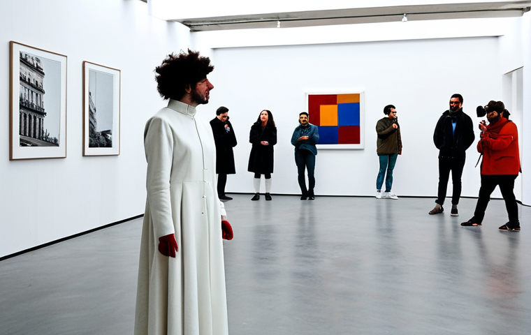 Avant-Garde Performance Art in Madrid**

"A performance artist fully clothed in white, interacting with mundane objects in a gallery space in Madrid, Spain. The scene should evoke a sense of disruption and connection.  Background features include abstract art pieces and diverse spectators. Perfect anatomy, natural pose, high quality, professional photography, safe for work, appropriate content, fully clothed, modest. Style: avant-garde, artistic, expressive."

**