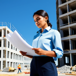 ** A professional Latina architect, fully clothed in a stylish but modest blouse and tailored trousers, standing on a construction site with blueprints in hand. Background shows a partially completed modern building against a clear blue sky. Perfect anatomy, correct proportions, well-formed hands, appropriate attire, safe for work, professional, family-friendly.

**