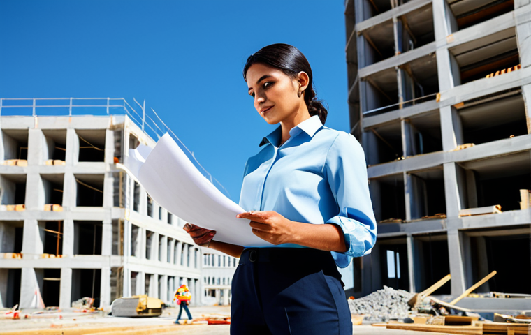 ** A professional Latina architect, fully clothed in a stylish but modest blouse and tailored trousers, standing on a construction site with blueprints in hand. Background shows a partially completed modern building against a clear blue sky. Perfect anatomy, correct proportions, well-formed hands, appropriate attire, safe for work, professional, family-friendly.

**