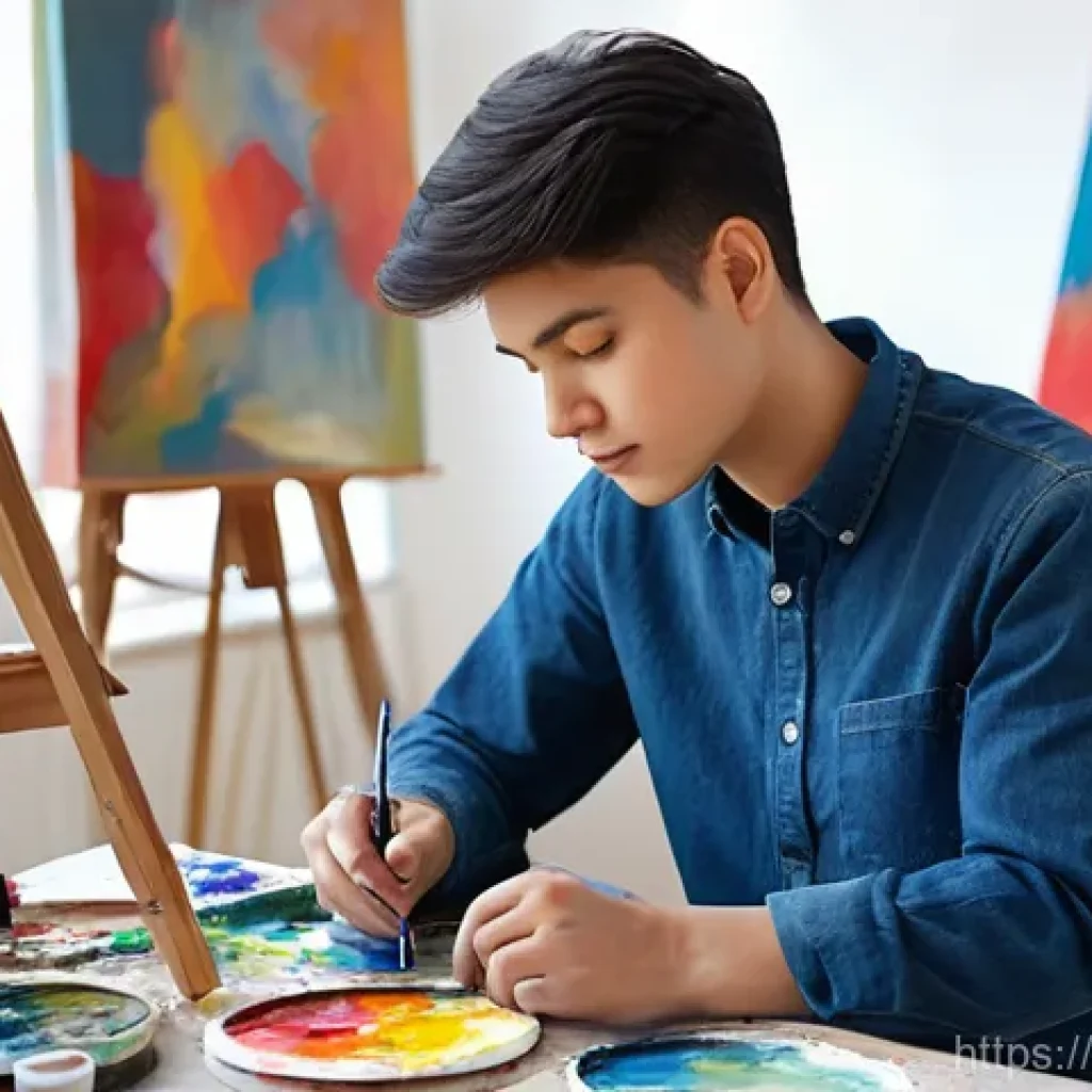 미술 교육과 예술 감성 교육 - **Prompt: Reflective Portrait of Emotional Expression Through Painting**
A young adult, with a s...