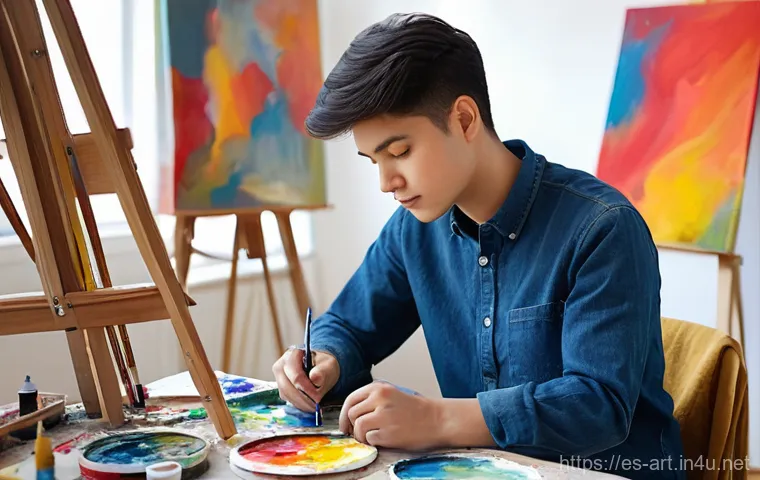 미술 교육과 예술 감성 교육 - **Prompt: Reflective Portrait of Emotional Expression Through Painting**
    A young adult, with a s...