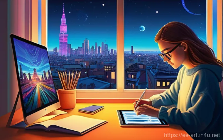 미술 교육과 애니메이션 제작 - **Prompt 1: "Digital Artist's Creative Flow"**
    A young, focused digital artist, wearing a casual...