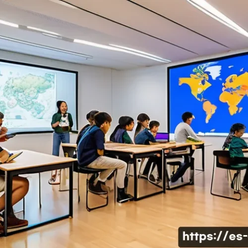 Home 33 미술 교육에서의 데이터 시각화 - An interactive classroom scene showing diverse students of various ages engaging with large digital ...