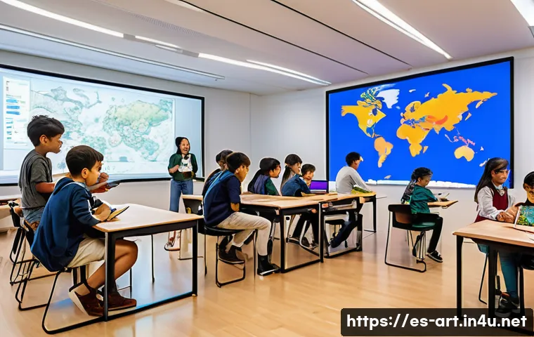 미술 교육에서의 데이터 시각화 - An interactive classroom scene showing diverse students of various ages engaging with large digital ...
