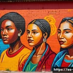 Home 20 미술과 사회적 메시지 - A vibrant urban mural in a Latin American neighborhood depicting human rights themes, featuring dive...