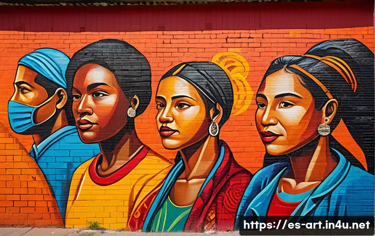 미술과 사회적 메시지 - A vibrant urban mural in a Latin American neighborhood depicting human rights themes, featuring dive...