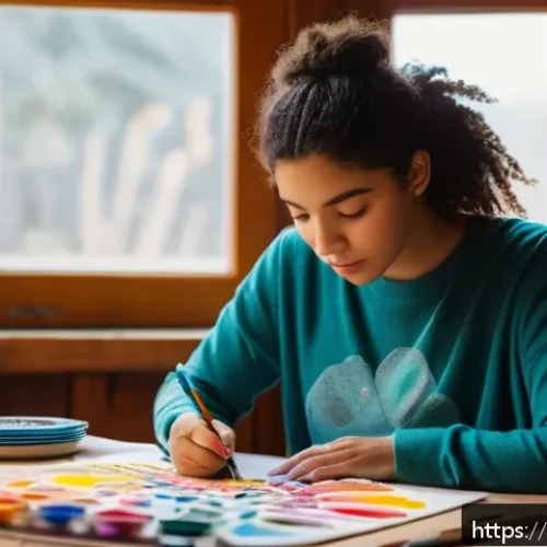 Home 31 미술 교육과 조형 심리 분석 - A serene indoor art therapy session featuring a young adult woman sitting at a cozy wooden table sur...