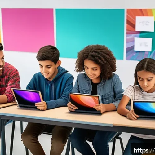 Home 30 미술 교육과 인공지능 - A vibrant digital art classroom scene in a modern Latin American setting, featuring diverse students...
