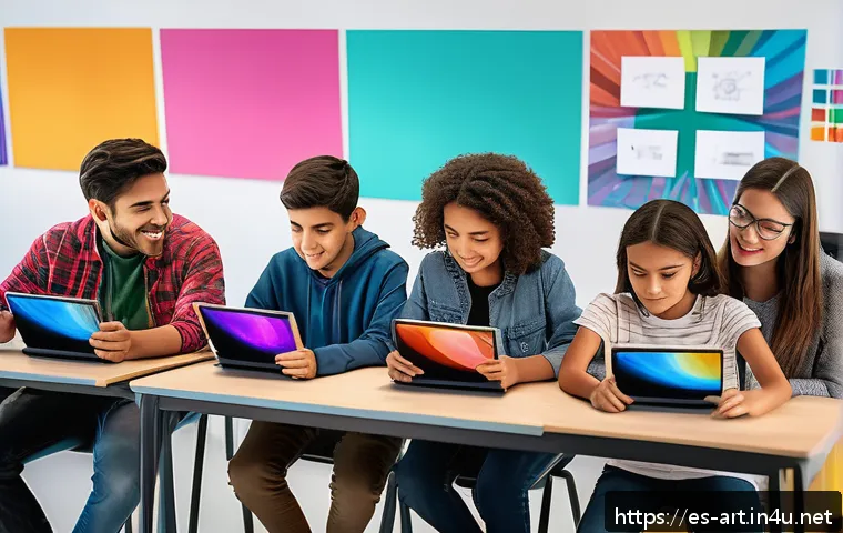 미술 교육과 인공지능 - A vibrant digital art classroom scene in a modern Latin American setting, featuring diverse students...