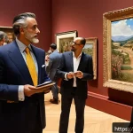 Home 23 미술 교육과 예술 경매 - A sophisticated art auction scene in a prestigious Spanish auction house, featuring a diverse group ...