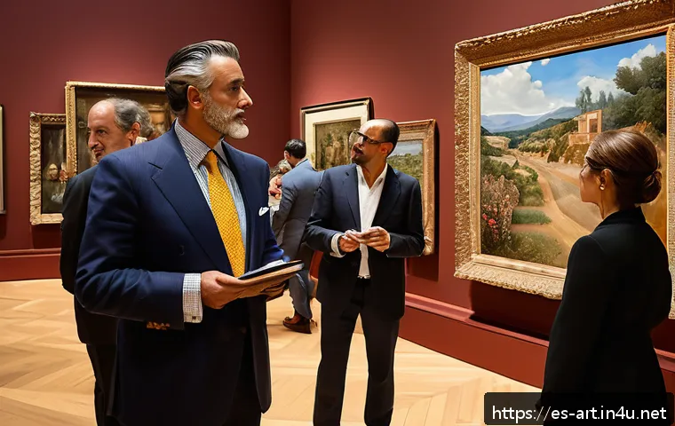 미술 교육과 예술 경매 - A sophisticated art auction scene in a prestigious Spanish auction house, featuring a diverse group ...