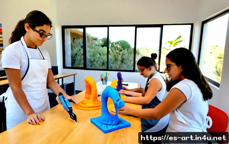 미술 교육과 3D 아트 체험 - Photorealistic Spanish art classroom, diverse teenage students wearing clean workshop aprons and saf...