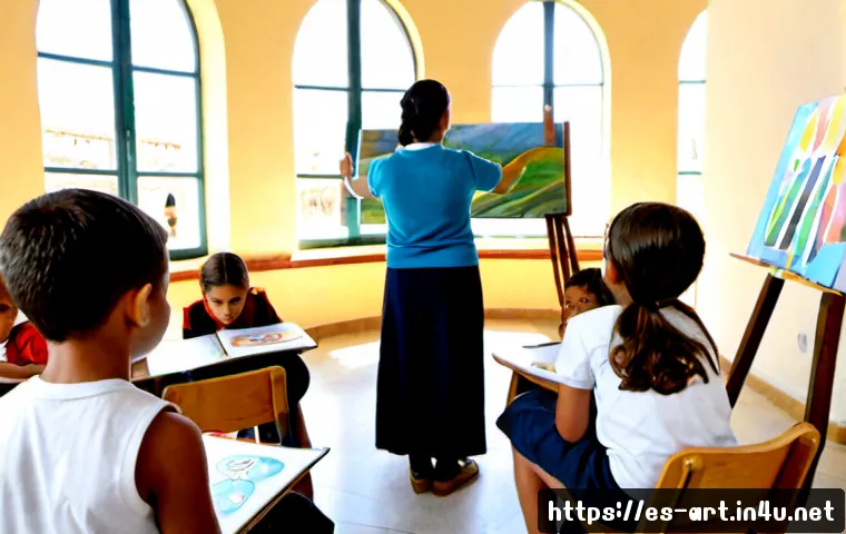Home 17 미술 감상의 교육적 접근법 - Photorealistic Spanish primary school art classroom, diverse children aged 8–10 seated in a calm sem...