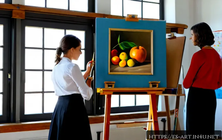 Home 15 미술 평가 방법과 루브릭 개발 - Photorealistic sunlit art classroom in Spain, an experienced teacher and two teenage students calmly...
