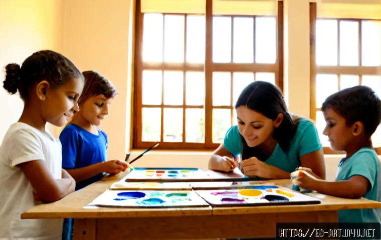 미술 교육과 심리학 - Photorealistic art education and psychology session in a bright Spanish community classroom, compass...